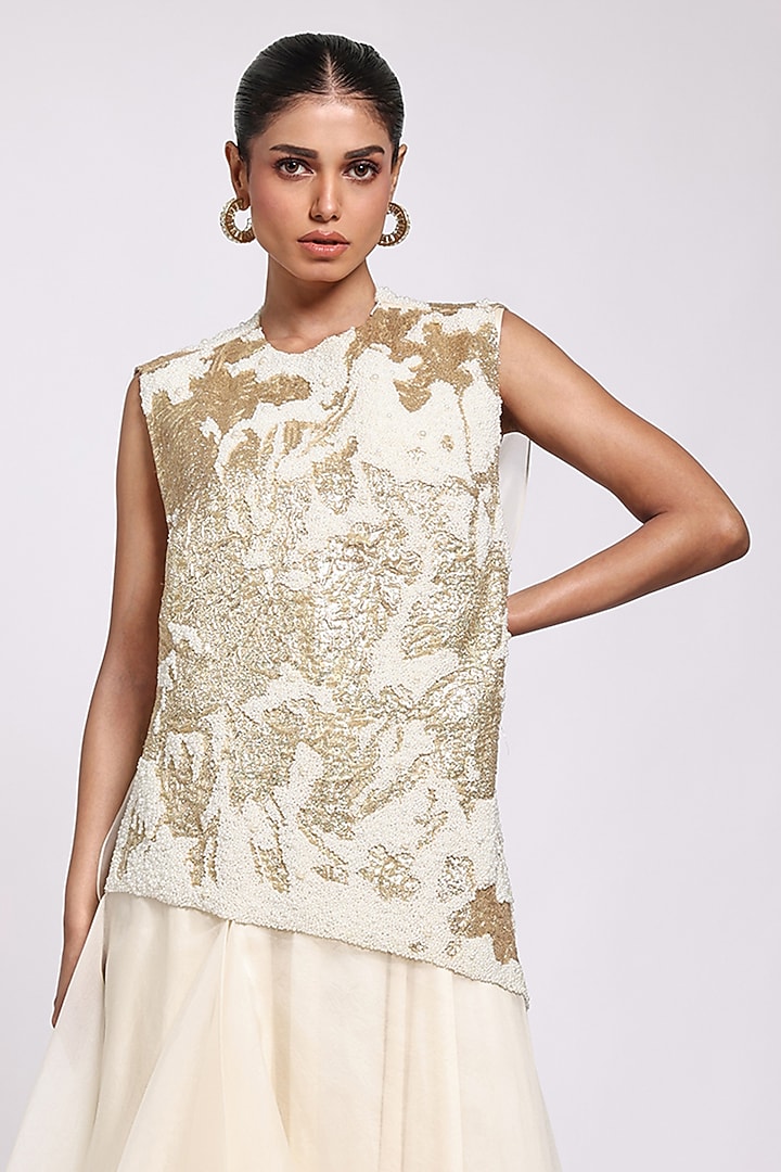 Beige Modal Satin Engagement Gown With Overlay by Richa Khemka at Pernia's Pop Up Shop