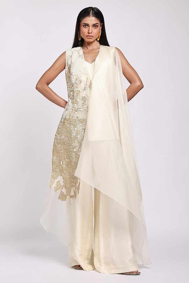 Beige Silk Strappy Jumpsuit With Jacket by Richa Khemka at Pernia's Pop Up Shop