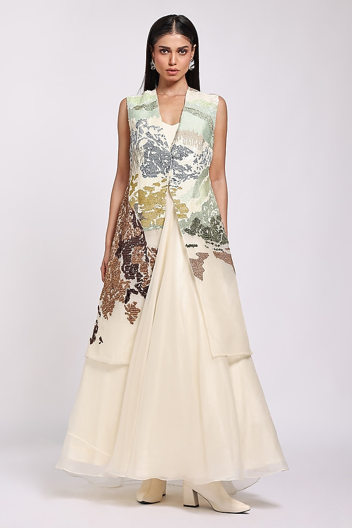 Beige Organza Engagement Gown With Jacket by Richa Khemka at Pernia's Pop Up Shop