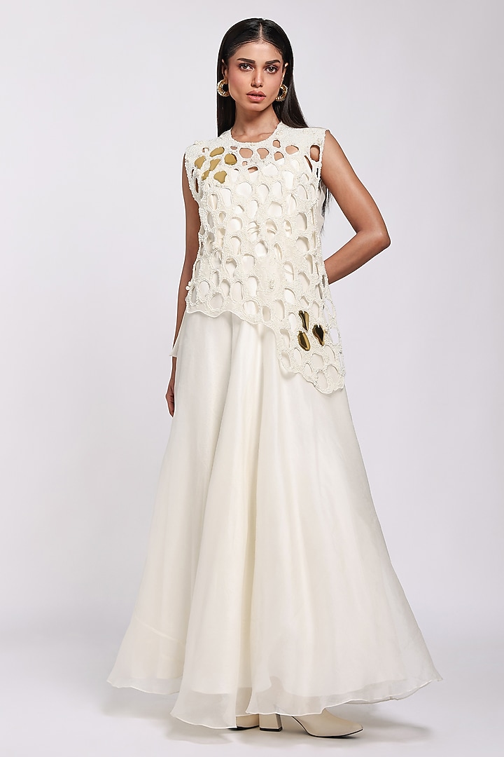 Ivory Organza Engagement Gown With Jacket by Richa Khemka at Pernia's Pop Up Shop