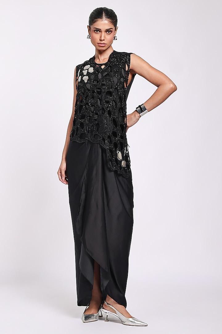Black Modal Satin & Organza Engagement Gown With Jacket by Richa Khemka at Pernia's Pop Up Shop