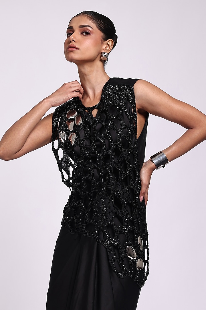 Black Modal Satin & Organza Engagement Gown With Jacket by Richa Khemka at Pernia's Pop Up Shop