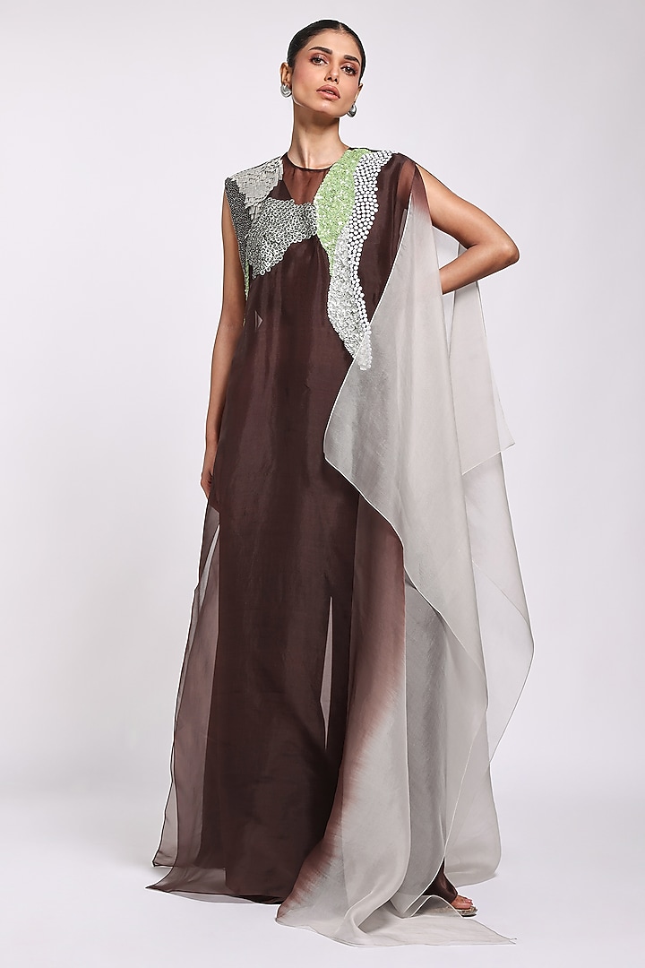 Brown & Grey Shaded Modal Satin Jumpsuit by Richa Khemka at Pernia's Pop Up Shop