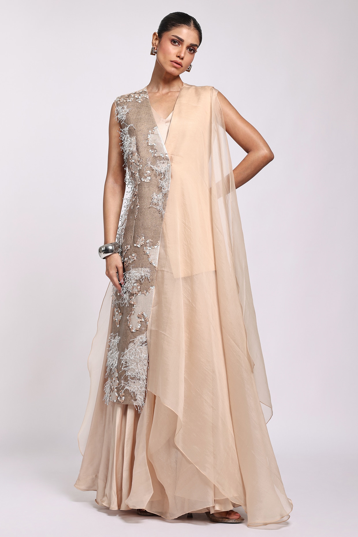 Richa Khemka Beige Organza & Modal Satin Printed Gown With Jacket