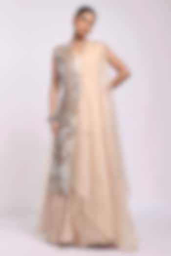 Beige Organza & Modal Satin Printed Engagement Gown With Jacket by Richa Khemka at Pernia's Pop Up Shop