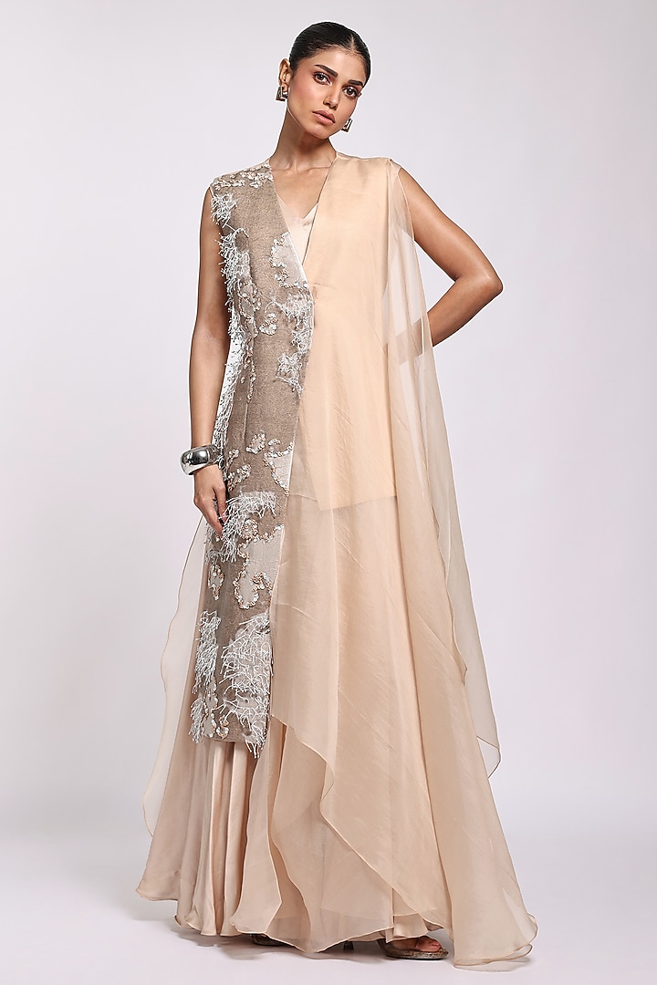 Beige Organza & Modal Satin Printed Engagement Gown With Jacket by Richa Khemka at Pernia's Pop Up Shop