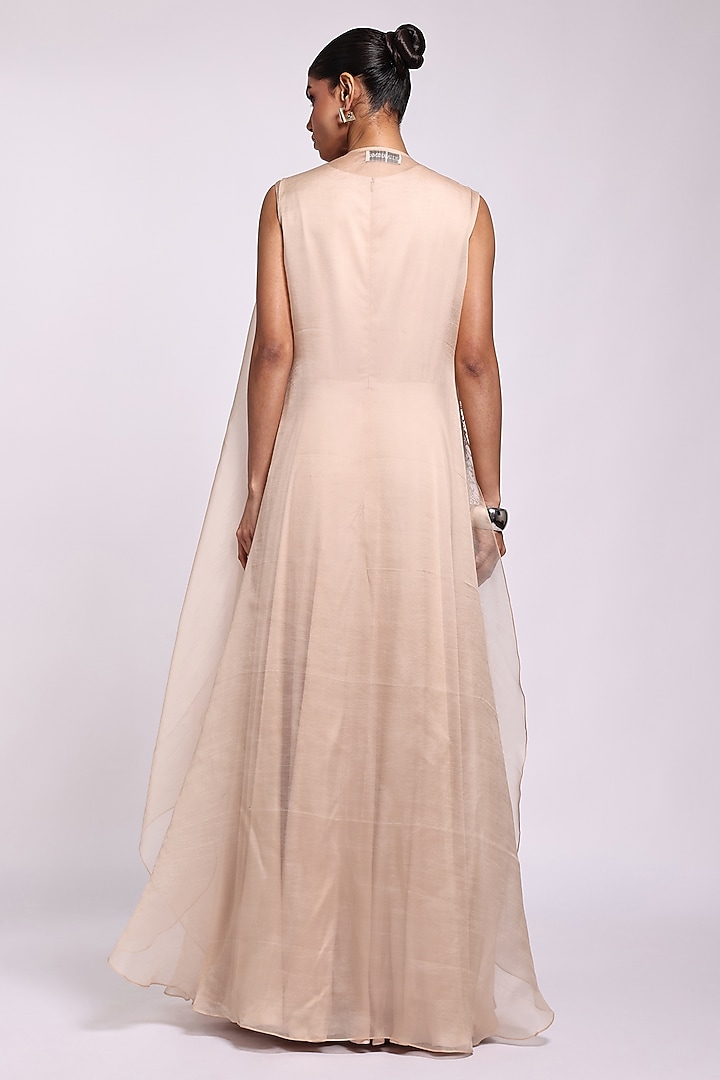 Beige Organza & Modal Satin Printed Engagement Gown With Jacket by Richa Khemka at Pernia's Pop Up Shop