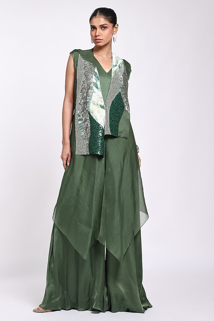 Dark Green Velvet & Silk Embroidered Jumpsuit With Overlay by Richa Khemka at Pernia's Pop Up Shop