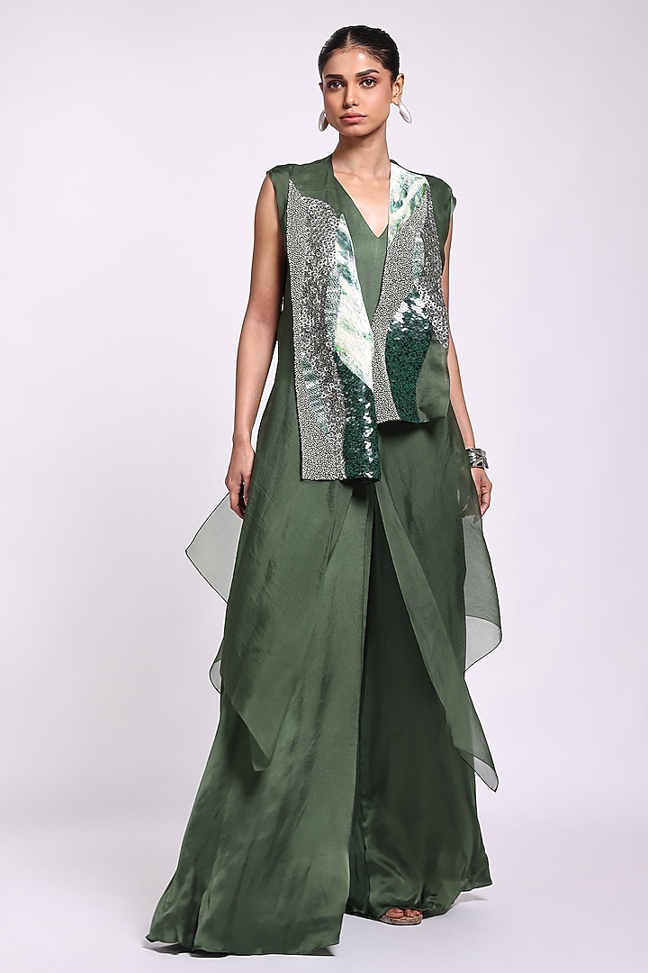 Dark Green Velvet & Silk Embroidered Jumpsuit With Overlay by Richa Khemka at Pernia's Pop Up Shop