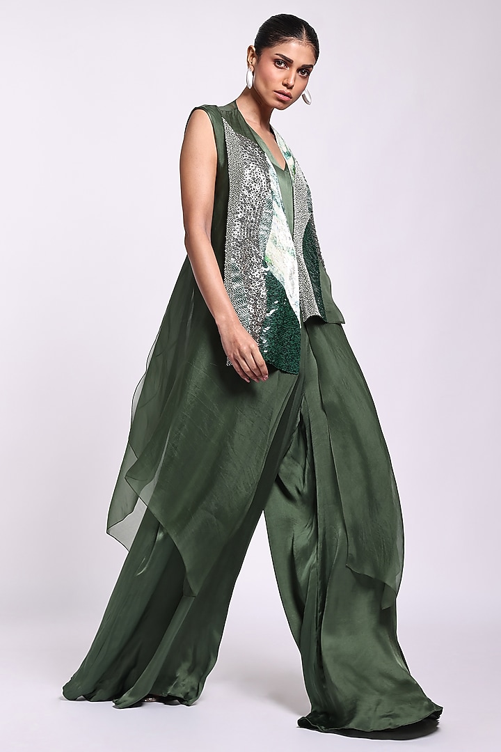 Dark Green Velvet & Silk Embroidered Jumpsuit With Overlay by Richa Khemka at Pernia's Pop Up Shop