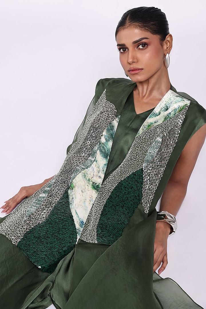 Dark Green Velvet & Silk Embroidered Jumpsuit With Overlay by Richa Khemka at Pernia's Pop Up Shop