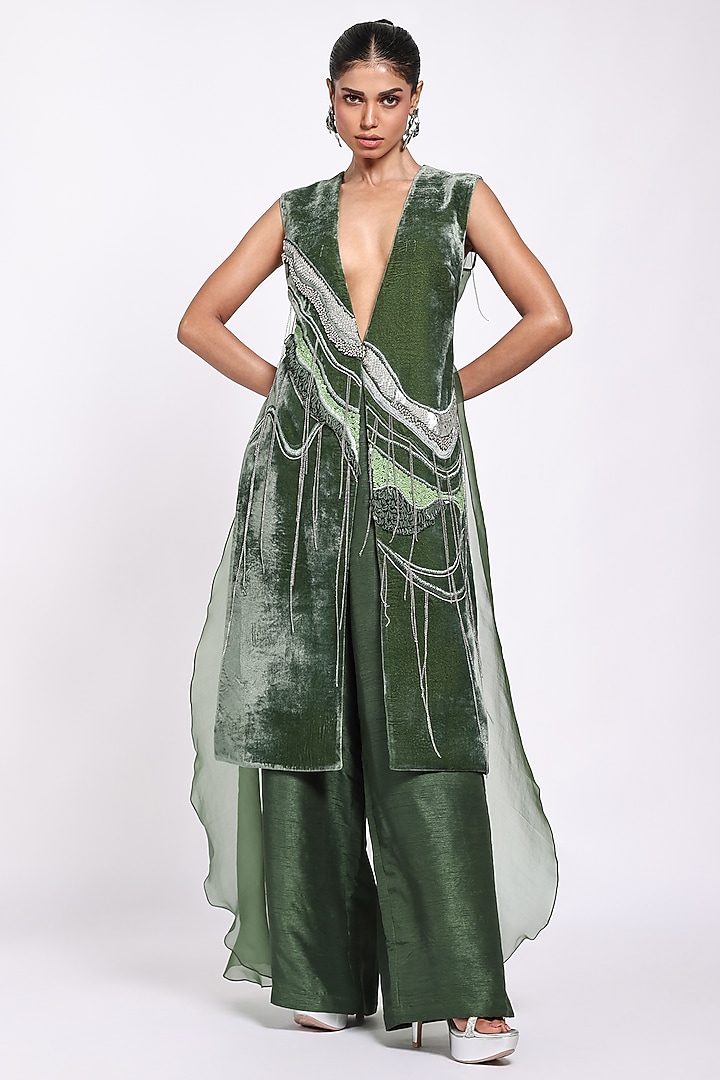 Dark Green Velvet & Silk Hand Embroidered Jumpsuit With Jacket by Richa Khemka at Pernia's Pop Up Shop