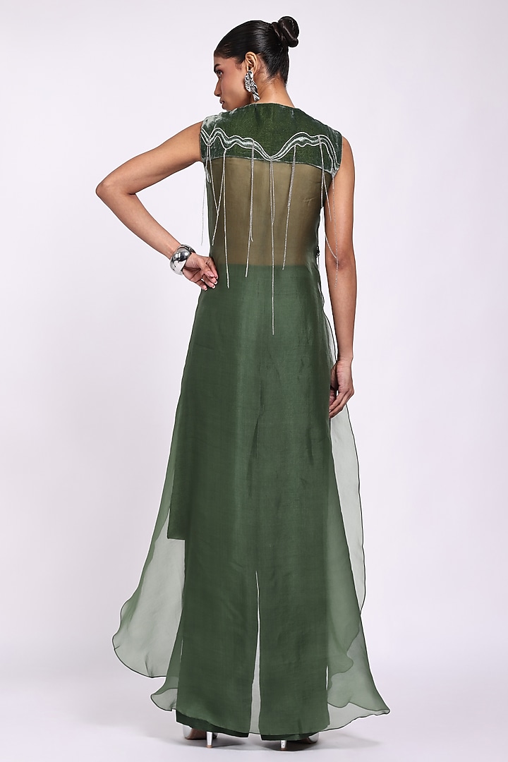 Dark Green Velvet & Silk Hand Embroidered Jumpsuit With Jacket by Richa Khemka at Pernia's Pop Up Shop