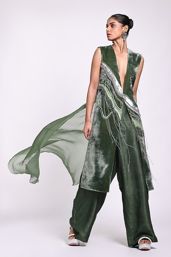 Dark Green Velvet & Silk Hand Embroidered Jumpsuit With Jacket by Richa Khemka at Pernia's Pop Up Shop
