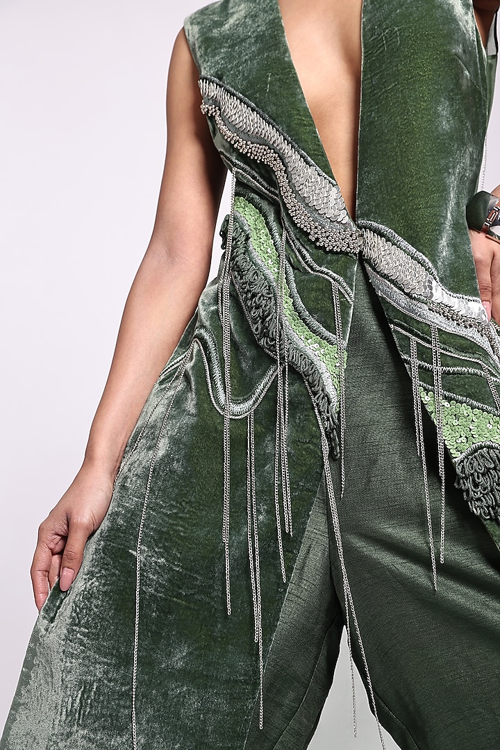 Dark Green Velvet & Silk Hand Embroidered Jumpsuit With Jacket by Richa Khemka at Pernia's Pop Up Shop