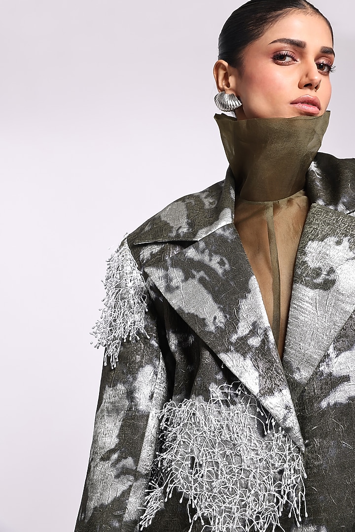 Dark Green Organza Printed Blazer With Sheer Dress by Richa Khemka at Pernia's Pop Up Shop