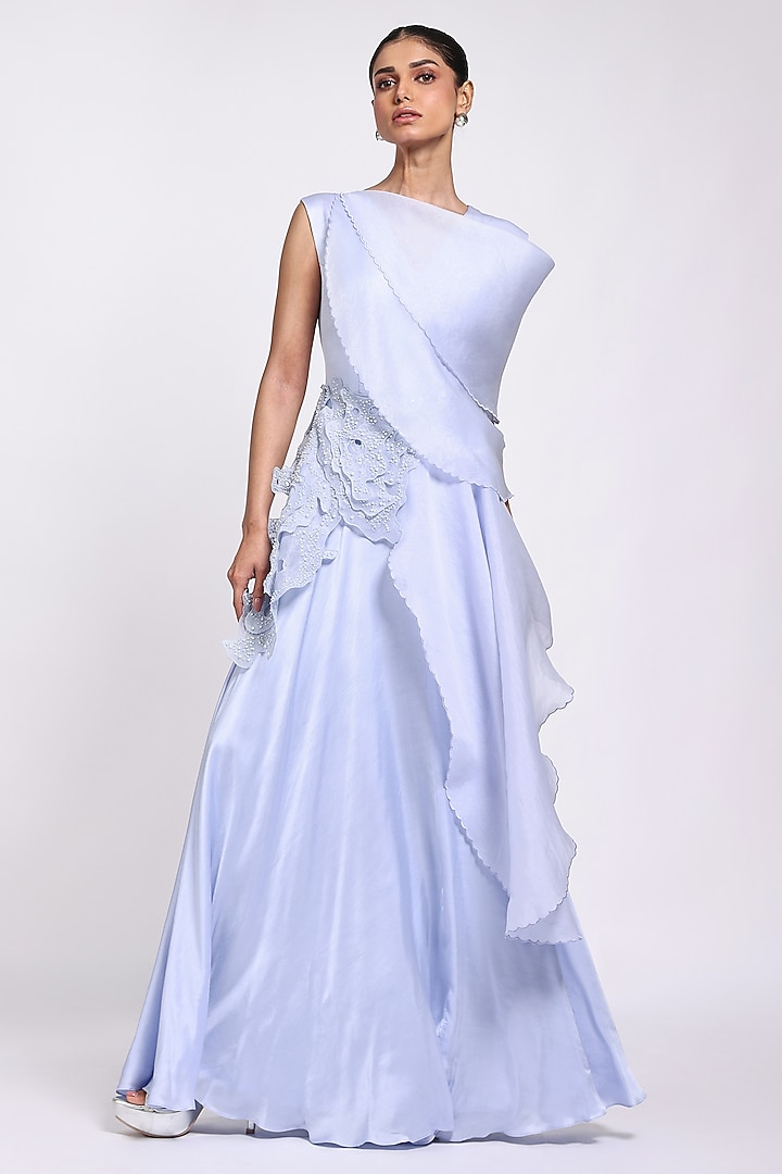 Lavender Modal Satin & Organza Draped Ruffled Engagement Gown by Richa Khemka at Pernia's Pop Up Shop