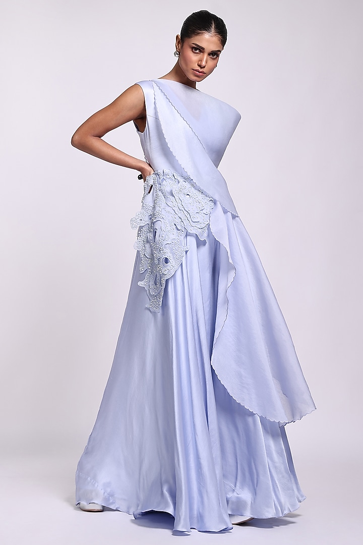 Lavender Modal Satin & Organza Draped Ruffled Engagement Gown by Richa Khemka at Pernia's Pop Up Shop