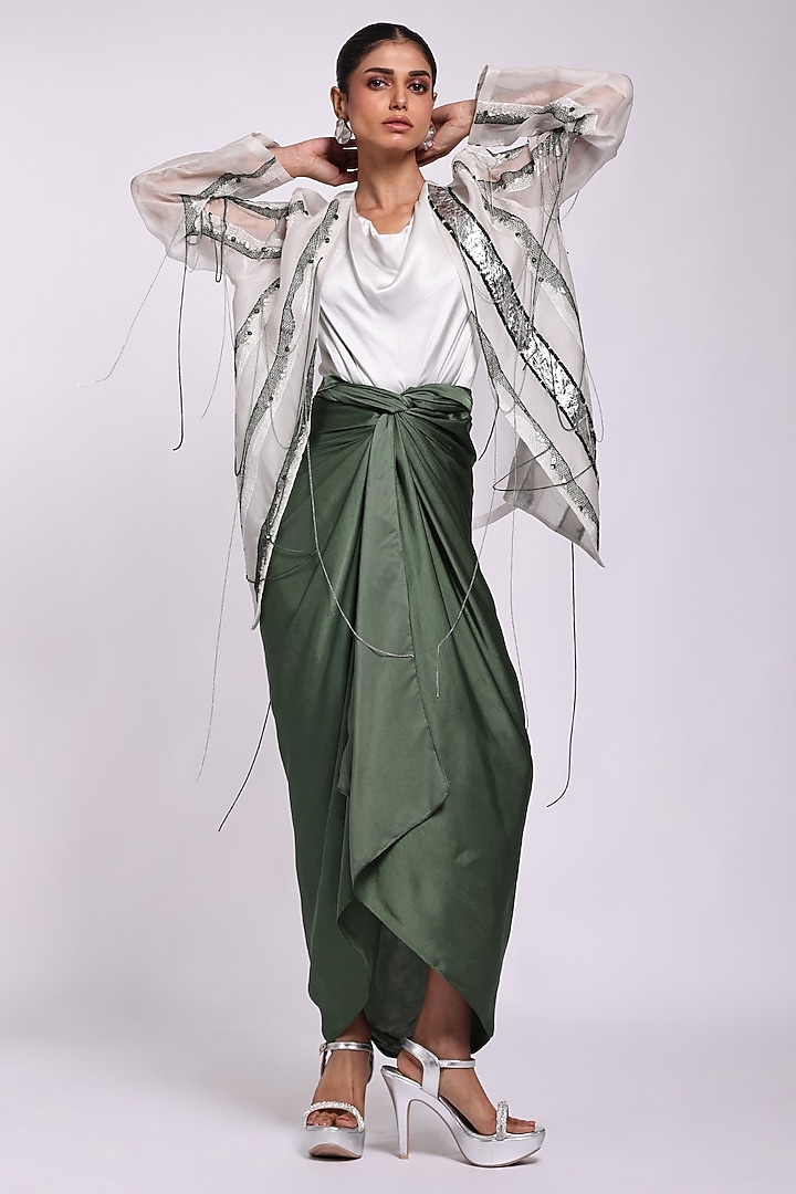 Grey & Green Modal Satin Cowl Sarong Cocktail Dress With Blazer by Richa Khemka at Pernia's Pop Up Shop