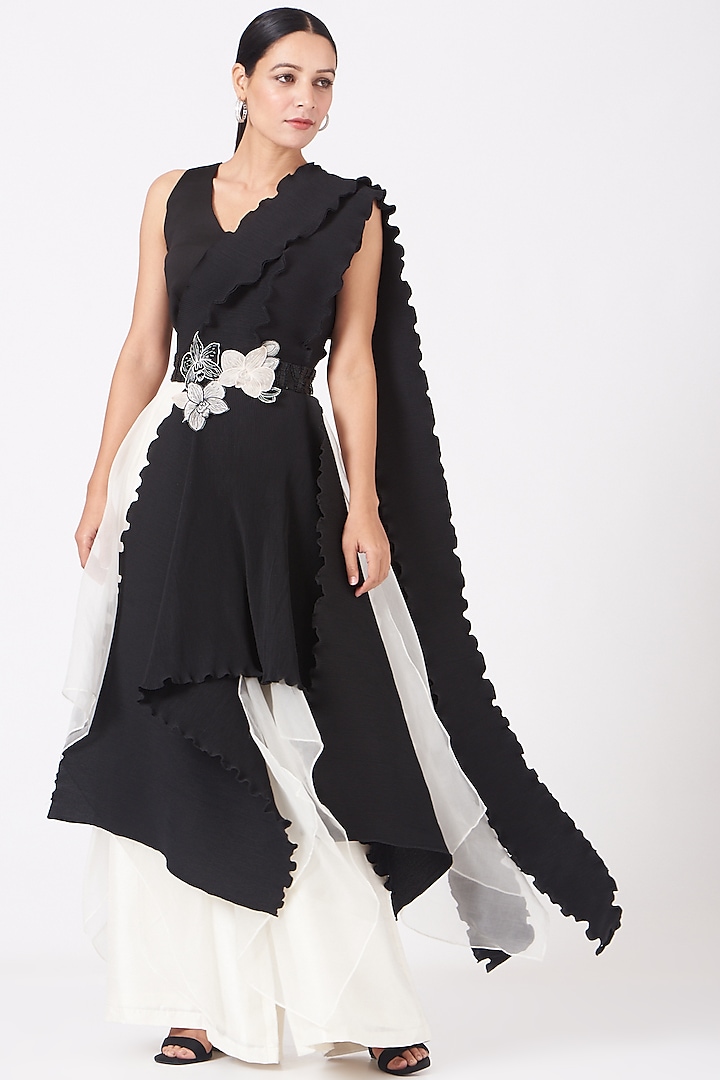 Black Panelled Pant Set With Embroidered Drape by Richa Khemka