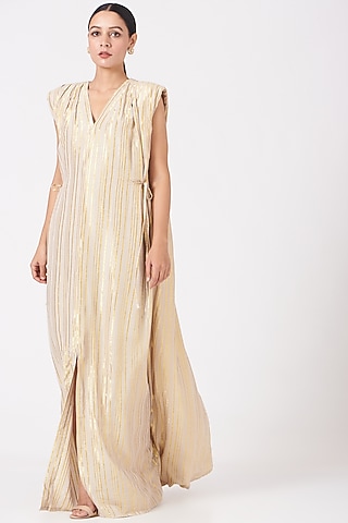 Beige Sequins Embroidered Maxi Dress by Richa Khemka