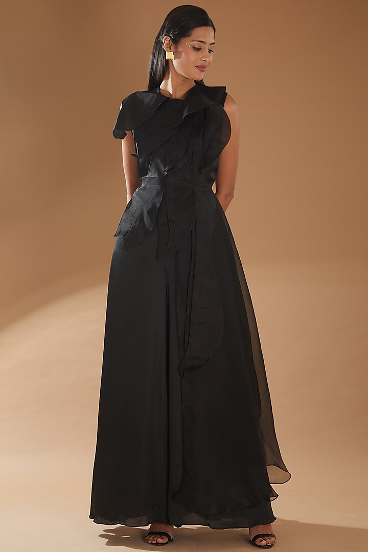 Black Modal Satin Jumpsuit With Overlay by Richa Khemka