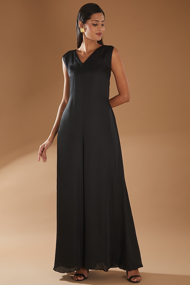 Black Modal Satin Jumpsuit With Overlay by Richa Khemka at Pernia's Pop Up Shop