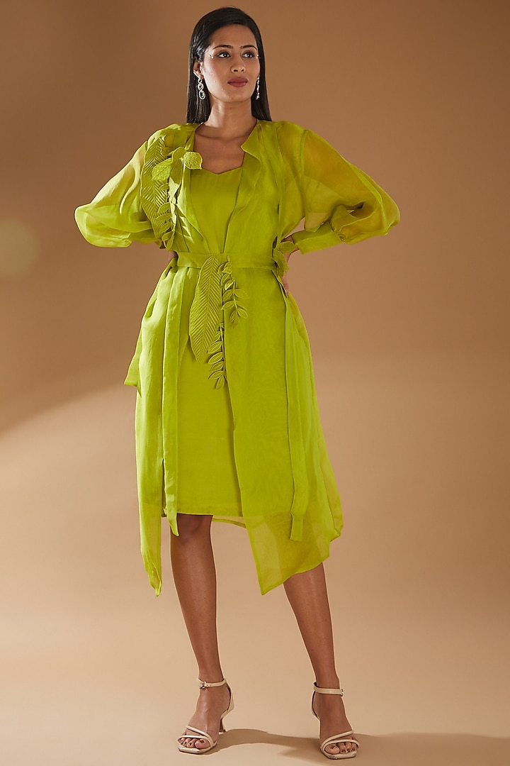 Lime Modal Satin Jacket Dress by Richa Khemka