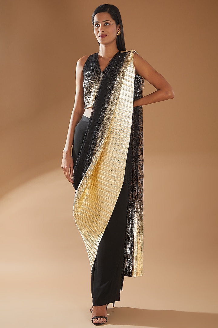 Black & Gold Georgette Pant Saree Set by Richa Khemka