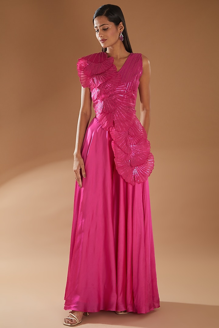 Hot Pink Bamberg Silk Sharara Set by Richa Khemka