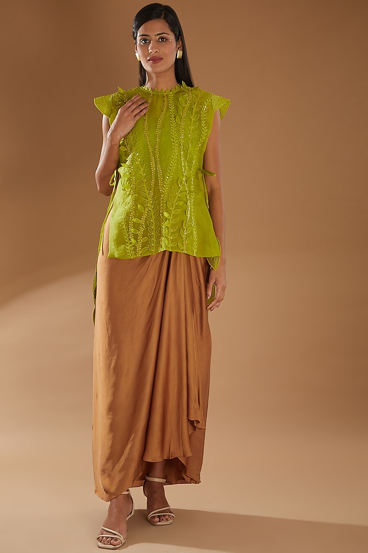 Tan Modal Satin Draped Skirt Set by Richa Khemka