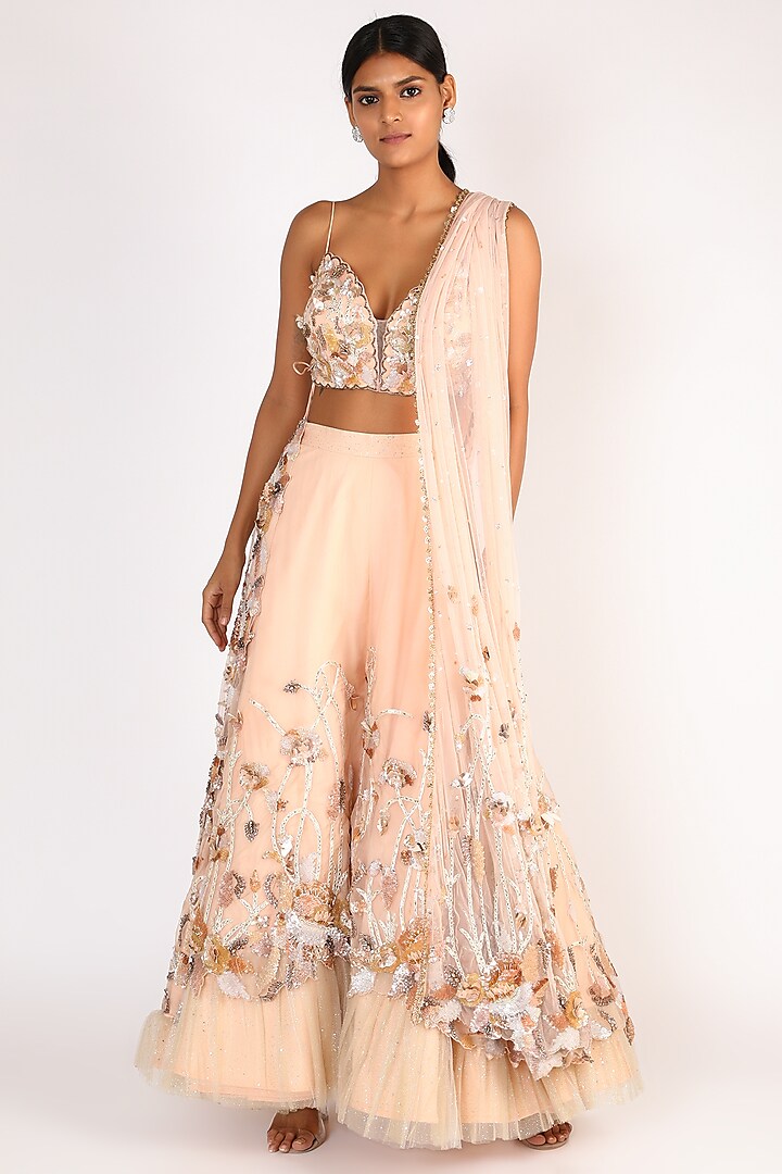 Peach Embroidered Palazzo Pant Set by Riddhi Majithia