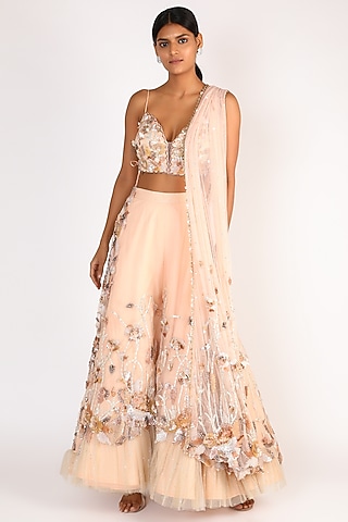 Peach Embroidered Palazzo Pant Set by Riddhi Majithia