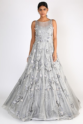 Grey Sequins Embroidered Gown by Riddhi Majithia