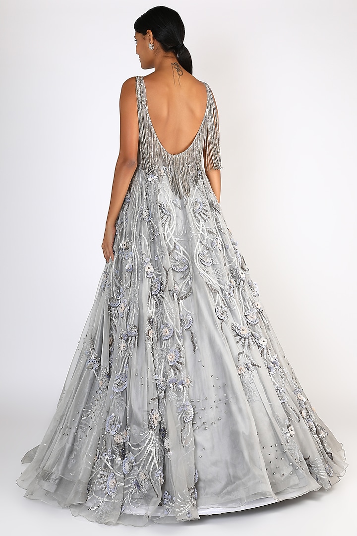 Grey Sequins Embroidered Bridal Gown by Riddhi Majithia at Pernia's Pop Up Shop