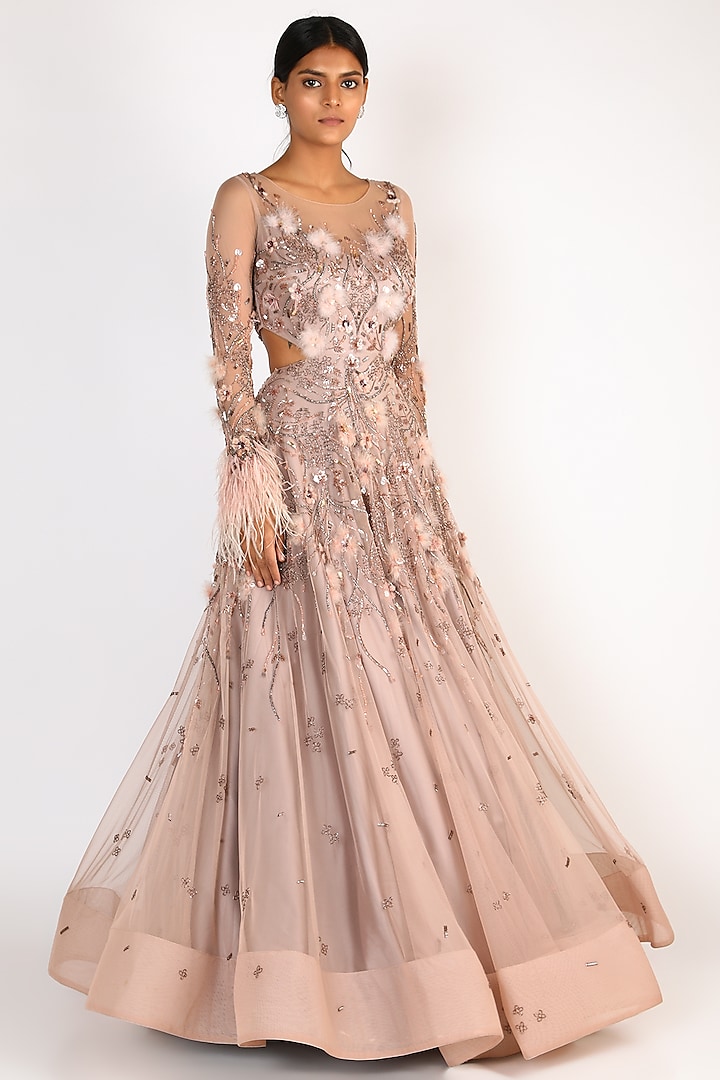 Nude Sequins Embroidered Gown by Riddhi Majithia