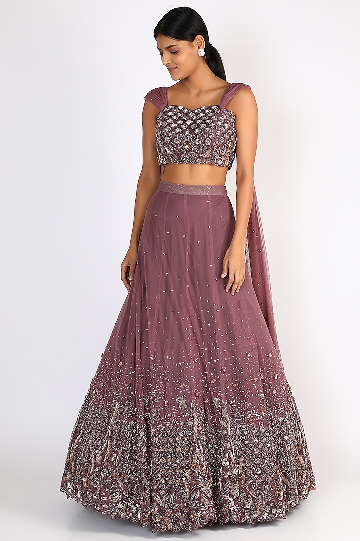 Wine Embroidered Blouse With Lehenga by Riddhi Majithia