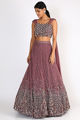 Wine Embroidered Blouse With Lehenga by Riddhi Majithia