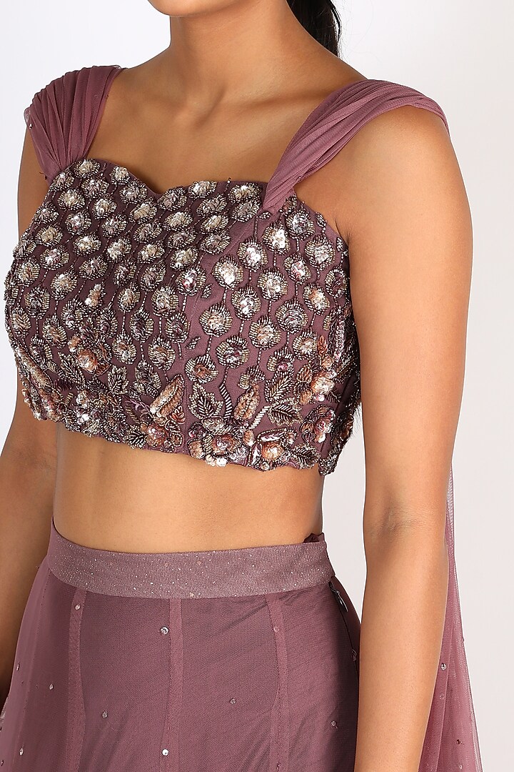 Wine Embroidered Blouse With Bridal Lehenga by Riddhi Majithia at Pernia's Pop Up Shop