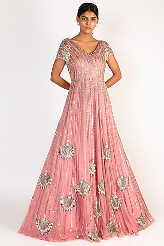 Blush Pink Embroidered Gown by Riddhi Majithia