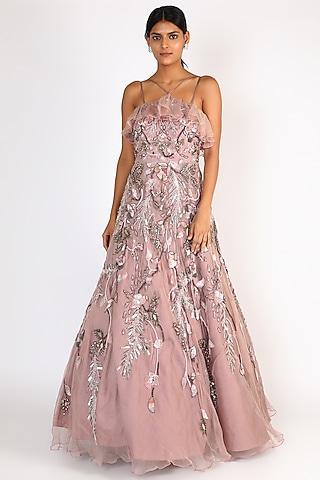 Purple Sequins Embroidered Gown by Riddhi Majithia