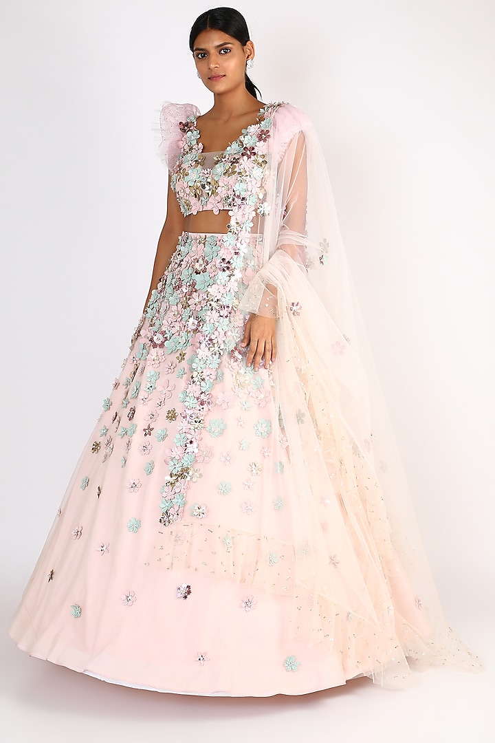 Peach Embroidered Lehenga Set by Riddhi Majithia