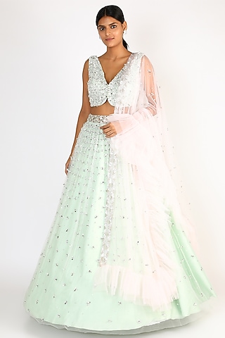 Mint Green Embroidered Lehenga Set by Riddhi Majithia