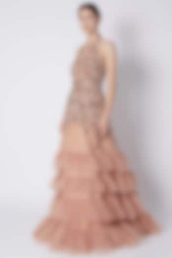 Pale Peach Sequins Embroidered Gown by Riddhi Majithia