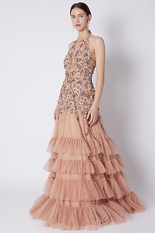 Pale Peach Sequins Embroidered Gown by Riddhi Majithia