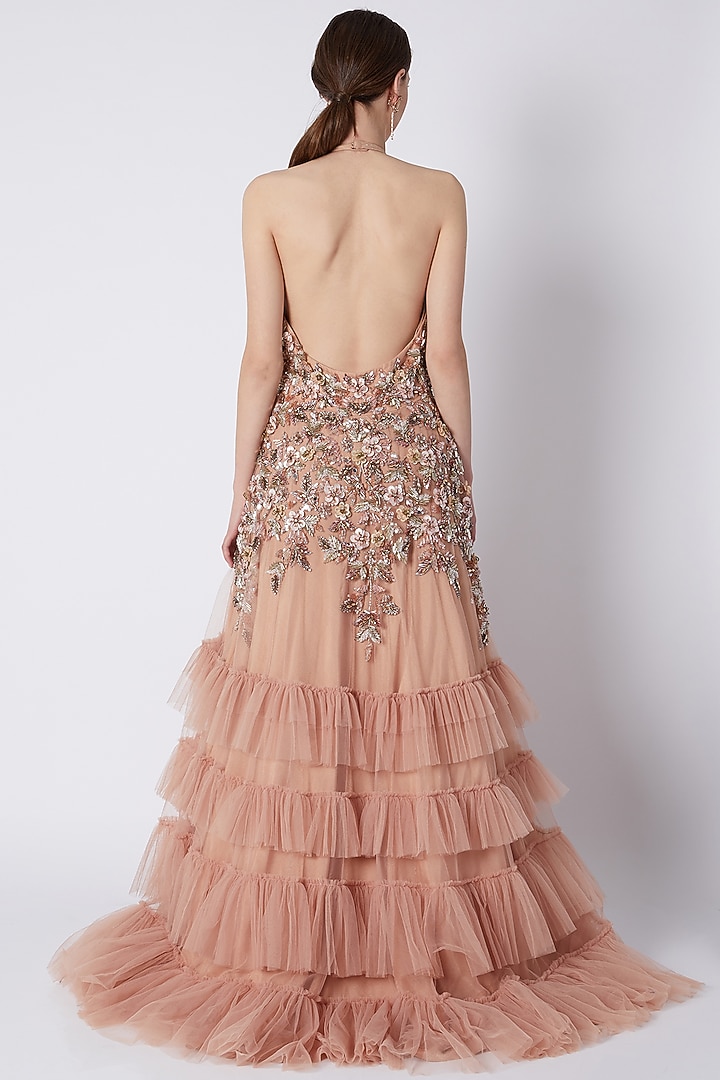 Pale Peach Sequins Embroidered Bridal Gown by Riddhi Majithia at Pernia's Pop Up Shop