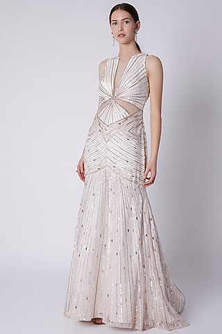 Nude Sequins Embroidered Gown by Riddhi Majithia