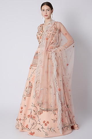 Peach Bead Embroidered Lehenga Set by Riddhi Majithia