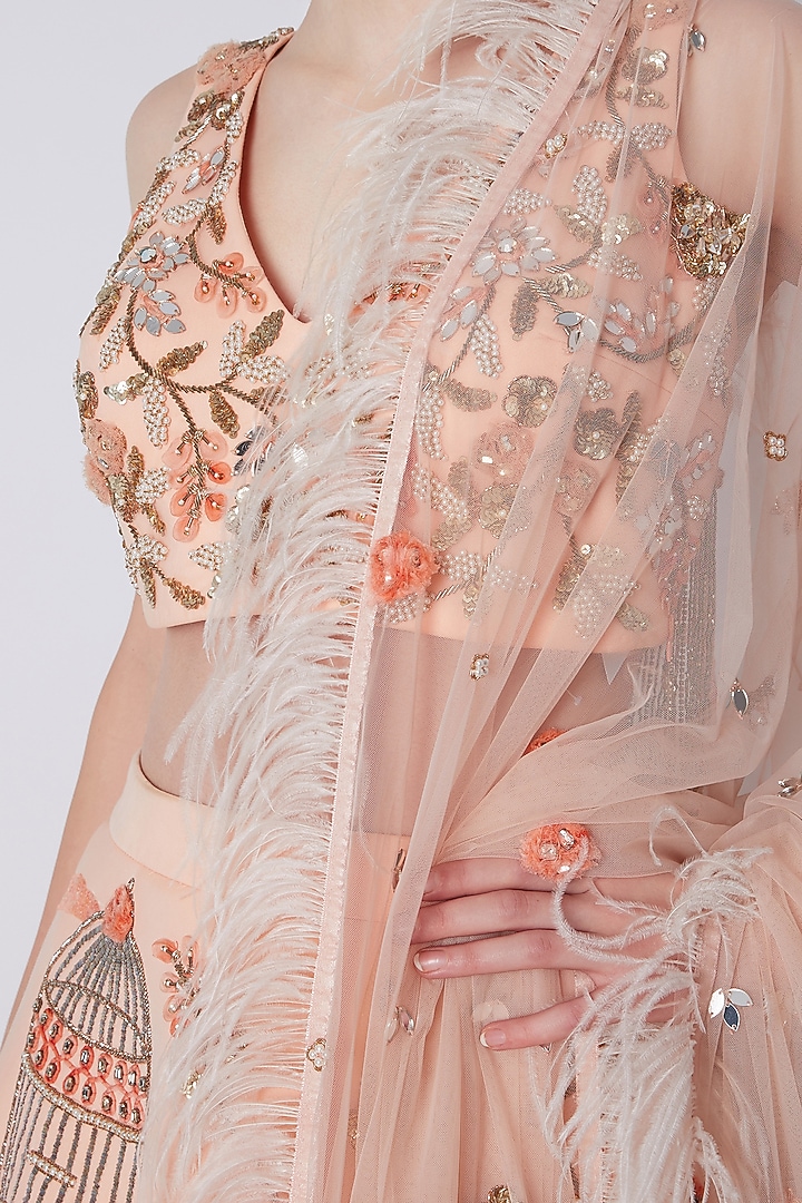 Peach Bead Embroidered Bridal Lehenga Set by Riddhi Majithia at Pernia's Pop Up Shop