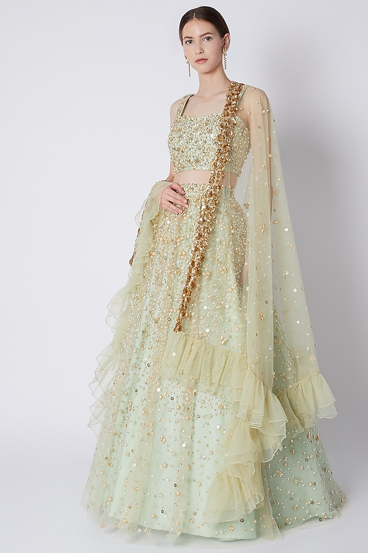 Lime Sequins Embroidered Bridal Lehenga Set by Riddhi Majithia at Pernia's Pop Up Shop